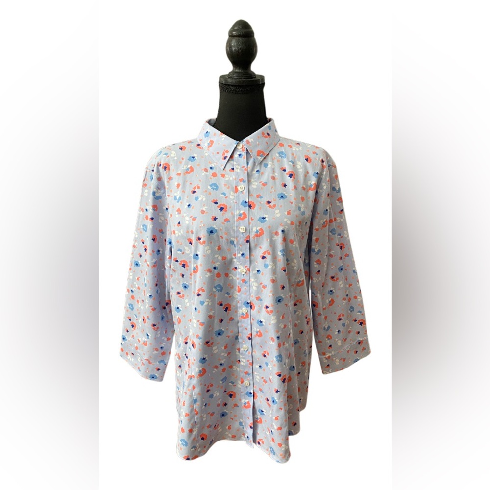 L.L. Bean: Light Blue Button Down Shirt with Poppy Flowers